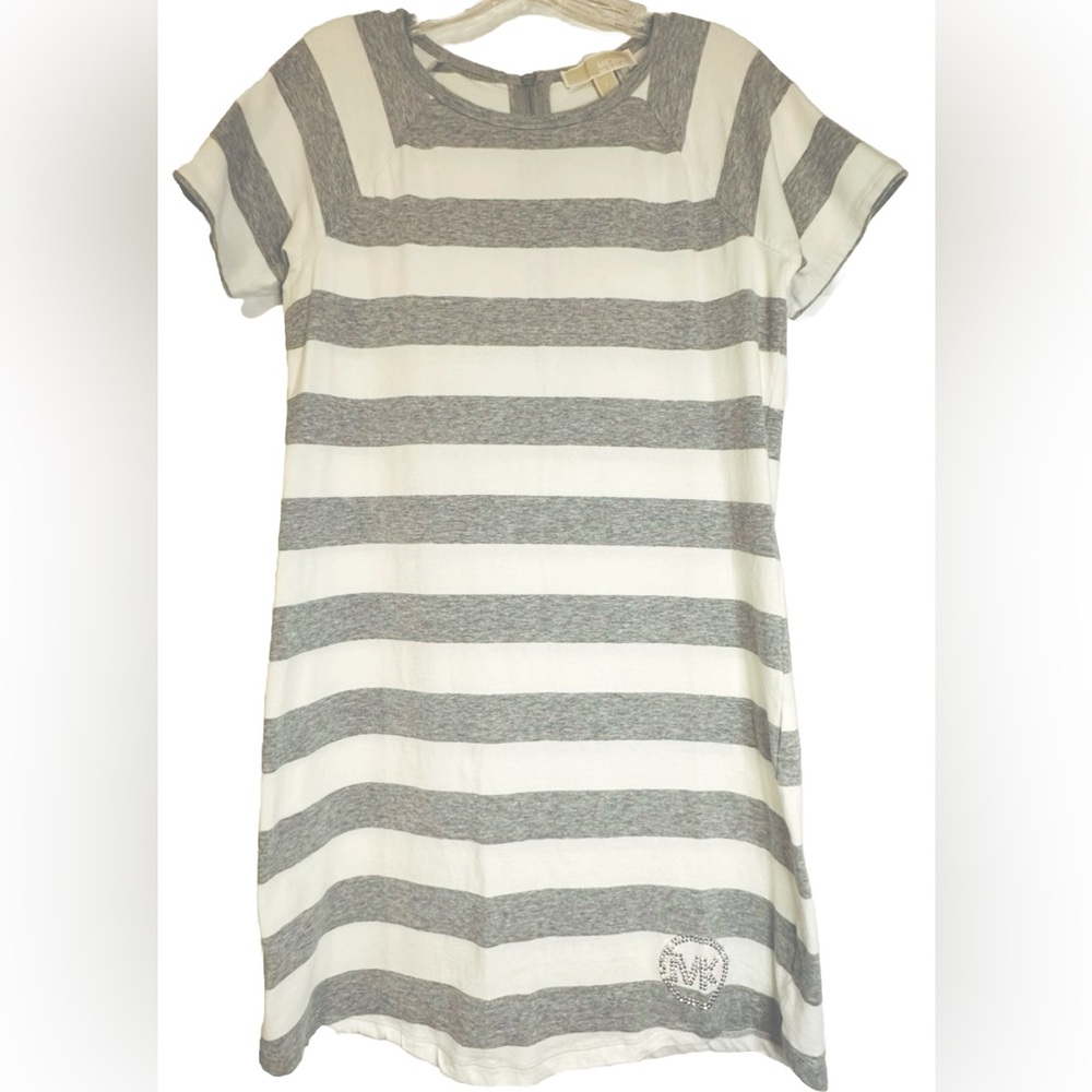 Michael Kors T-Shirt Dress White and Gray Stripes Y2K Embellished Logo Small